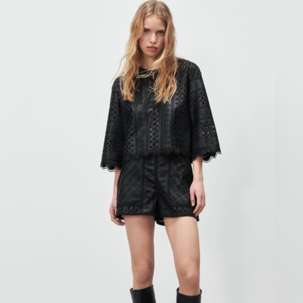 NWT Zara Black Eyelet Faux Leather Button Down Top